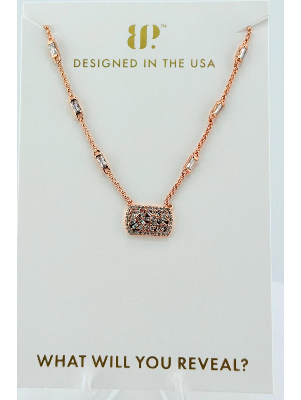Bomb Party Lumina Necklace "Statement Splurge" Dog Tag Clear CZ on Rose Gold